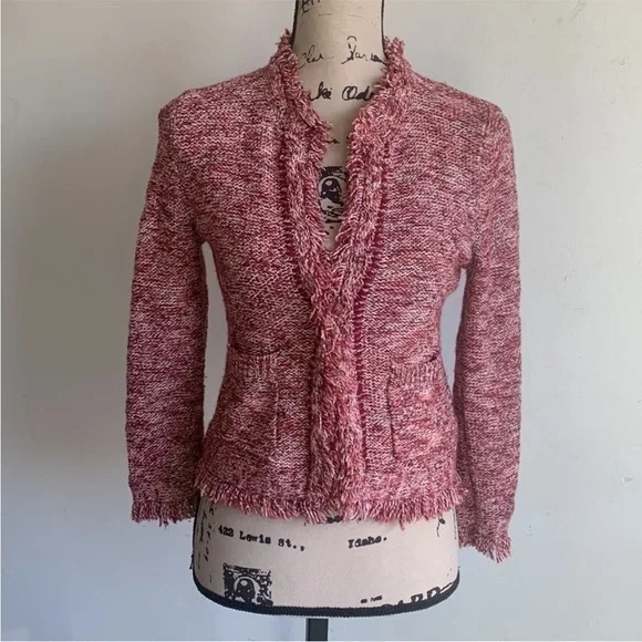 Anthropologie Angle Of The North Eliot Fringe Red White Cardigan Sweater Small - Picture 5 of 9